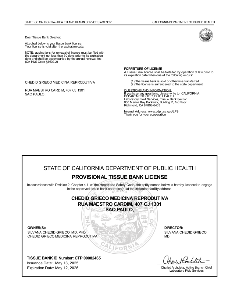 California Provisional Tissue Bank License