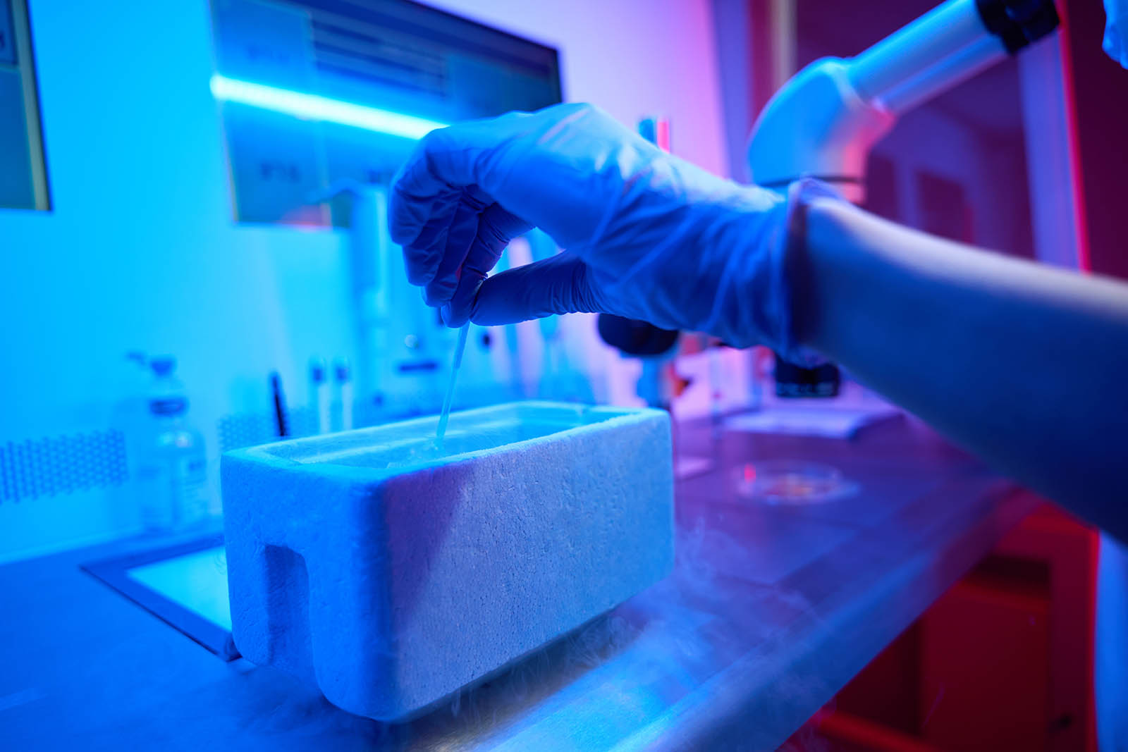 Laboratory scientist examining biological material under a high-powered microscope